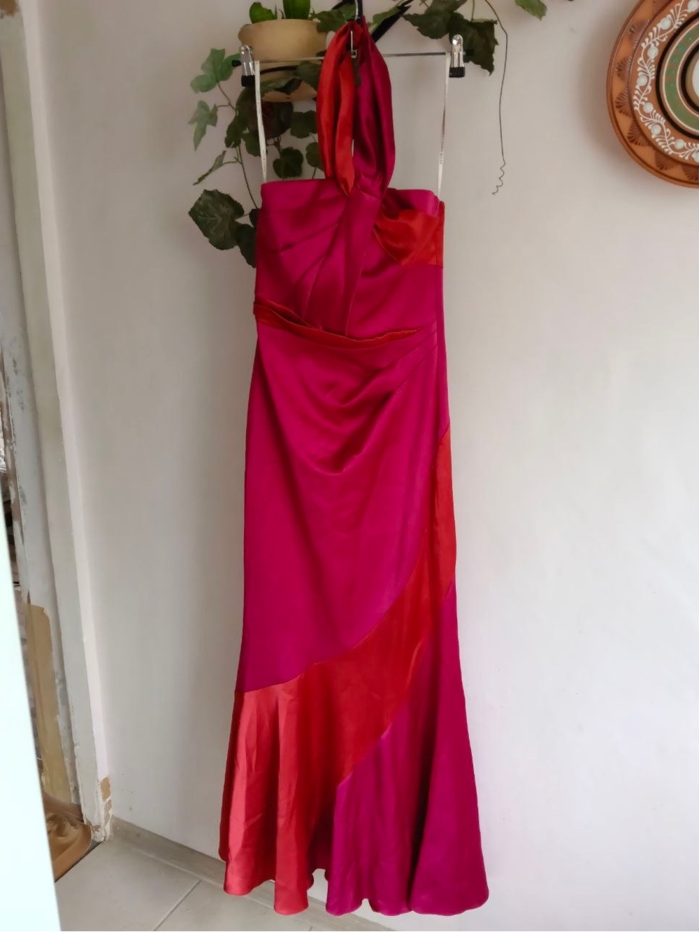 Karen Millen Pink and Red Satin Strapless Maxi Dress